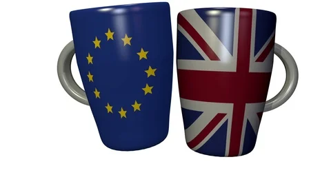 Coffee cup clink between EU and UK - 3d looping animation on white Stock Footage 104429060