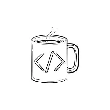 Coffee cup with code sign hand drawn outline doodle icon. Illustrazione stock