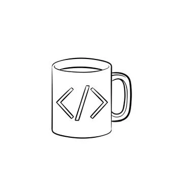 Coffee cup with code sign hand drawn outline doodle icon. Illustrazione stock