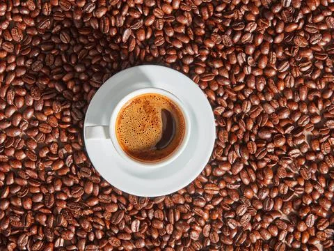 Coffee cup on coffee beans. Stock-Fotos