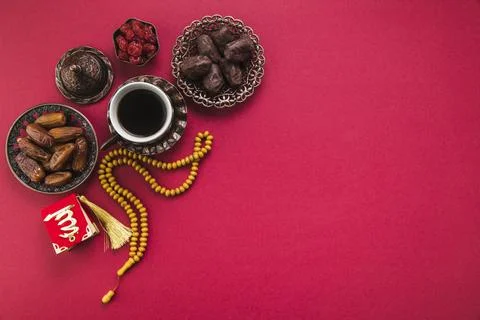 Coffee cup with dates fruit beads. High quality photo Stock Photos