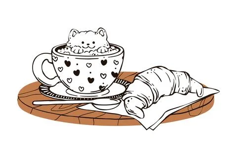 Coffee cup doodle vector with cute cat foam art and croissant on wooden tray Stock Illustration