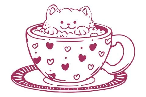 Coffee Cup Doodle Vector With Maroon Hearts And Cute Cat Face Foam Art On Saucer Illustration
