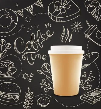 Coffee cup with doodling elements. Cafe menu desing vector template 库存插图
