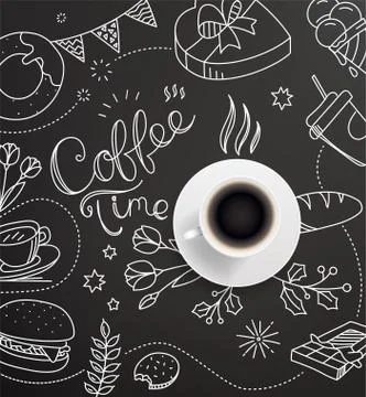 Coffee cup with doodling elements. Cafe menu desing vector template Stock Illustration