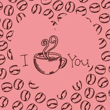 Coffee cup drawing with grains pattern Illustrazione stock