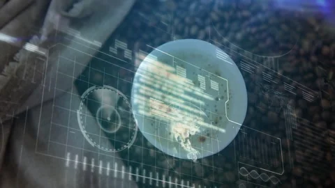 Coffee cup floating over wooden mat, showing holographic grid, radar, bar Stock Footage 307445281