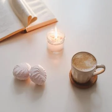 Coffee cup, flower, candle and a book on a white table background top view Stock Photos