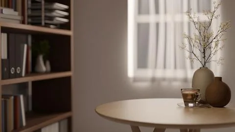 Coffee cup an flower vase on round wooden table across bookshelf and window.. Illustrazione stock