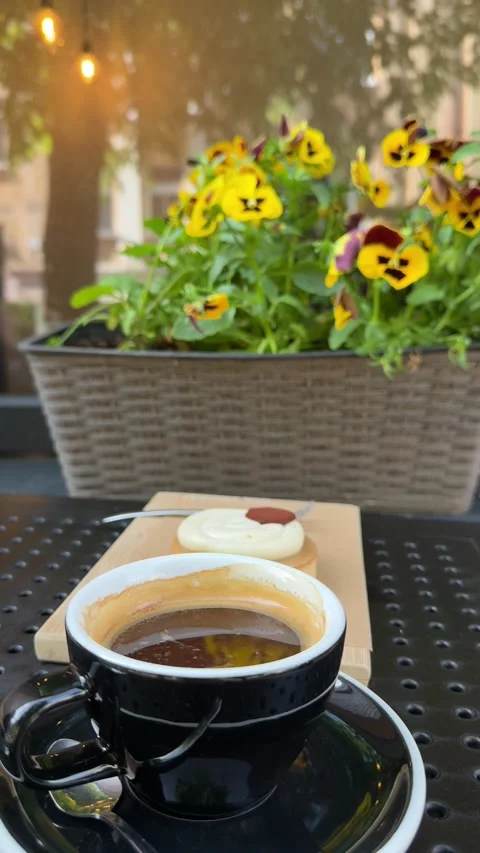Coffee Cup With Flowers At Vilnius Cafe Scene Stock Footage 337937194