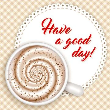 Coffee cup on gingham patterned cloth, vector. Stock Illustration