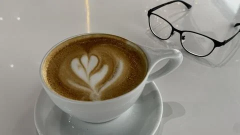 Coffee Cup with Glasses on White Table, Minimal Lifestyle Scene Stock Photos