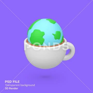 Coffee cup with globe isolated 3d render icon illustration Modello PSD