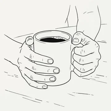 Coffee cup in hands line art illustration Silhouette Stock Illustration