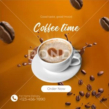 Coffee cup with heart latte art and splash on warm background PSD Template