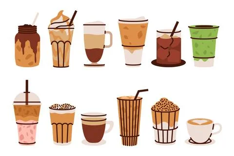 Coffee cup. Ice latte mug. Cafe icon, beverage cappuccino glass. Drink hot and イラスト素材
