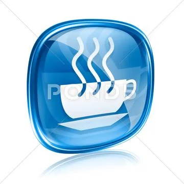 Coffee cup icon blue glass, isolated on white background. Stock Illustration