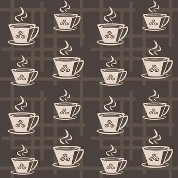 Coffee cup icon on dark checkered background seamless vector pattern Stock Illustration