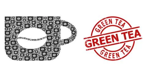 Coffee Cup Icon Recursive Composition and Distress Green Tea Stamp Seal 스톡 일러스트