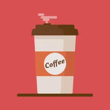 Coffee cup icon with text coffee on red background. Flat vector illustration Stock Illustration