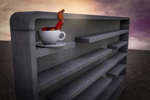 Coffee cup inside a maze at sunset magenta sky demonstrating Morning complica Illustrazione stock
