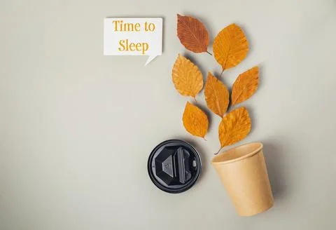 Coffee cup with a leaf on it and the words Time to sleep written above it Stock Photos