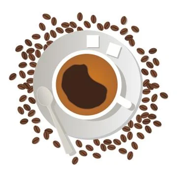 Coffee cup with lumpy sugar and a spoon on a saucer and coffee beans in flat  Stock Illustration