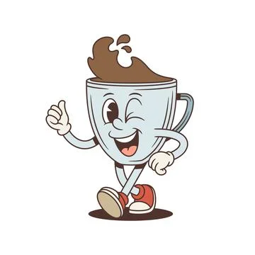 Coffee cup mascot winks and gives a thumbs up. Groovy retro comic personage.  Ilustración de archivo