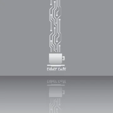 Coffee cup with micro schemes tea steam logotype sign on gray mirrored backgr 库存插图