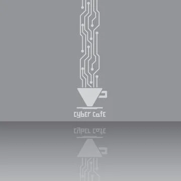 Coffee cup with micro schemes tea steam logotype sign on gray mirrored backgr 库存插图