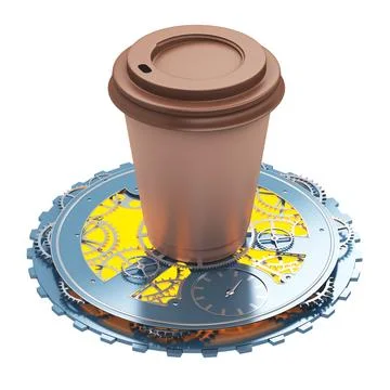 Coffee cup mockup on clockwork isolated on white Stock Illustration