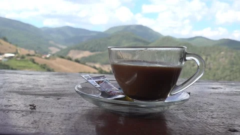 A coffee cup at the mountains at Mae Hong Son, Thailand Stock Footage 101201261