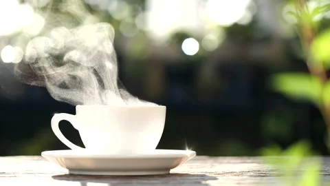 Coffee Cup, Mug. Close-up steam smoke of coffee from hot coffee cup Stock Footage 237726290