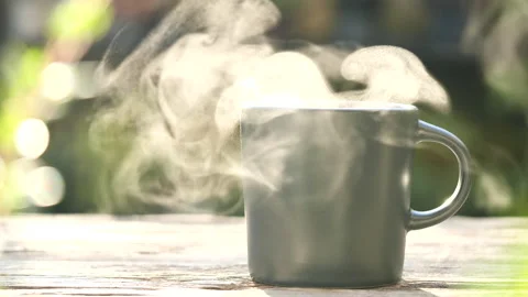 Coffee Cup, Mug. Close-up steam smoke of coffee from hot coffee cup Stock Footage 237726293