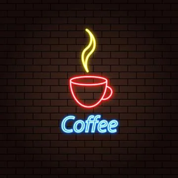 Coffee cup neon effect on a brick background. Stock Illustration