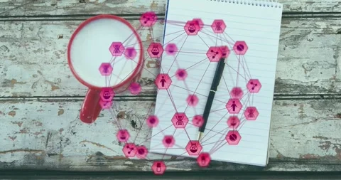Coffee cup, notepad, and pen with a digital globe animation on a textured Stock Footage 328712596