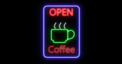 Coffee Cup Open, neon sign in space on black background. Stock Footage 124545232