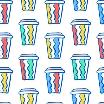 Coffee cup pattern. Vector seamless pattern with various disposable cups of c Stock Illustration
