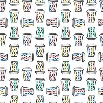 Coffee cup pattern. Vector seamless pattern with various disposable cups of c Illustrazione stock