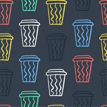 Coffee cup pattern. Vector seamless pattern with various disposable cups of c Illustrazione stock