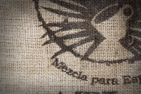 Coffee Cup Print Burlap Sack Texture Stockfoto's