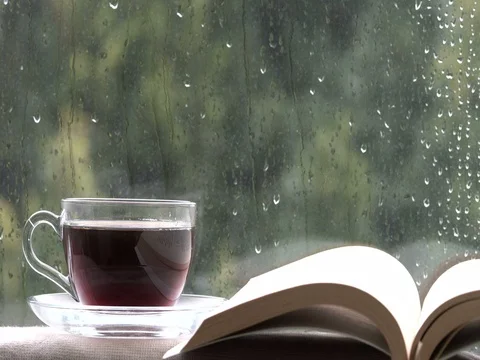 Coffee cup on a rainy day window and reading book Stock Footage 76057301