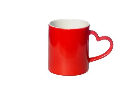 The coffee Cup red with handle in shape of heart isolated on white background Stock Photos
