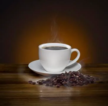 Coffee cup with roasted brown coffee beans and smoke on wooden table. black h Stock Photos