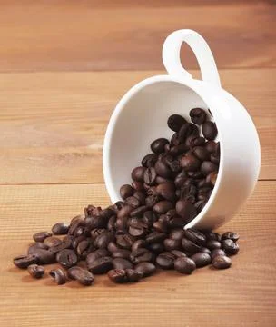 Coffee cup on roasted coffee beans Stock Photos