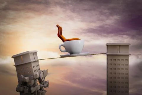 Coffee cup on a rope with one skyscraper ready to collapse. Stock Illustration