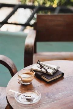 Coffee cup on rustic wood table Stock Photos