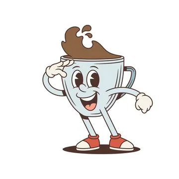 Coffee Cup Saluting Gesture Retro Cartoon Character Vector Illustration Stock Illustration
