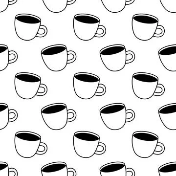 Coffee cup seamless pattern. Black doodle style. Vector drink background. Stock Illustration