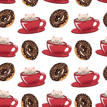 Coffee Cup Seamless Pattern with donut in Flat Design. Ideas for Beverage Stock Illustration